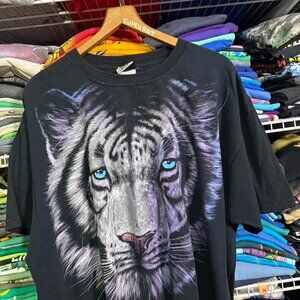 Y2K liquid blue white tiger double sided graphic t shirt xxl